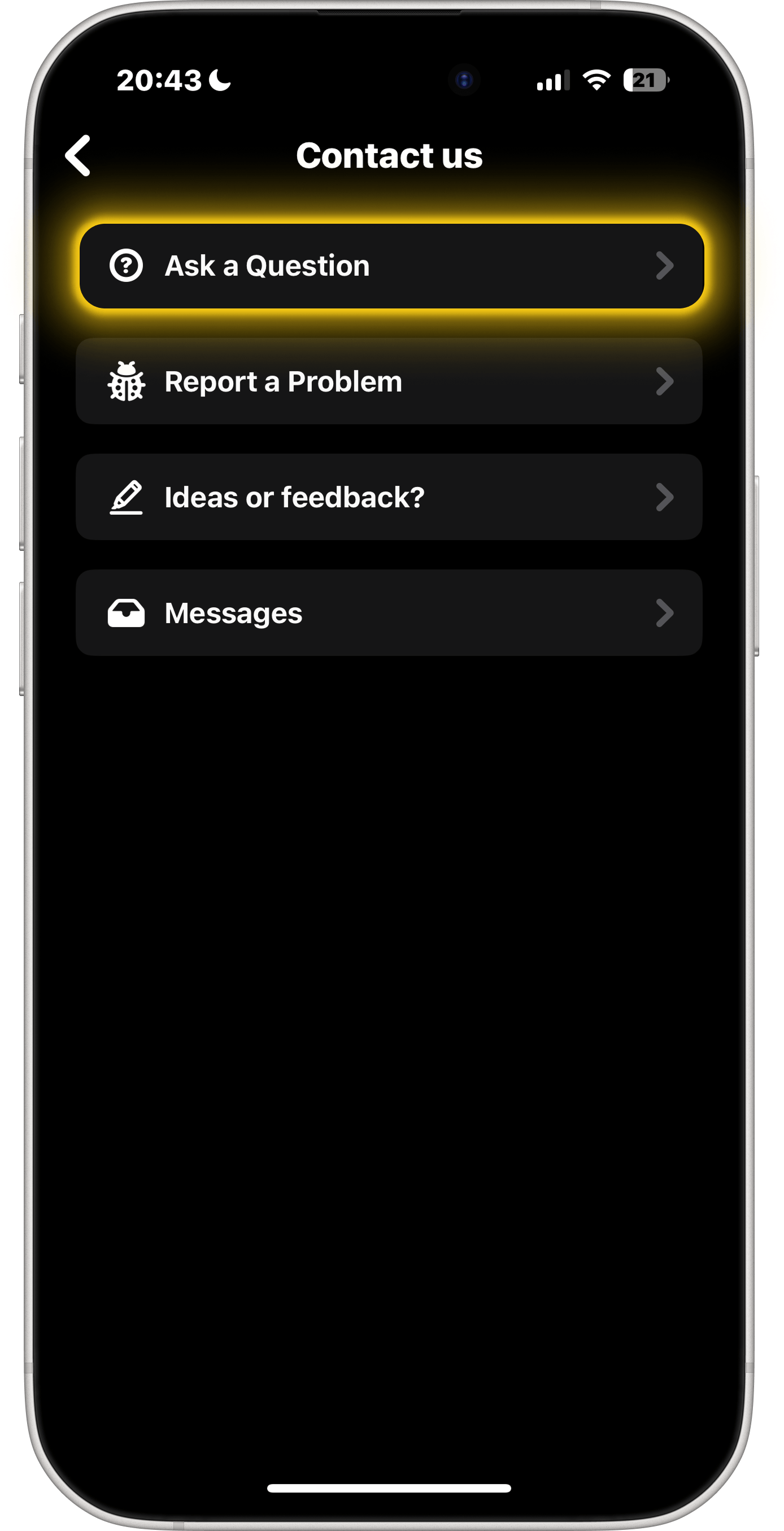BeReal Kontakta oss-skärm — tryck på Ställ en fråga